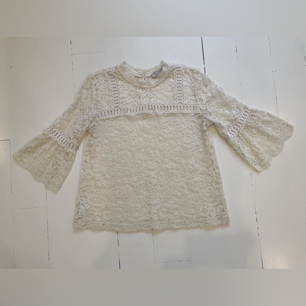 Loft Sheer Lace Bell Sleeve Mock Neck Blouse